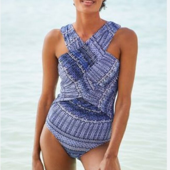 Garnet Hill Ruched Crossover One Piece Swimsuit in Blue Pattern - Picture 1 of 8